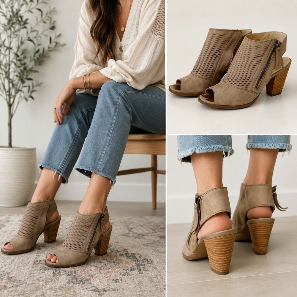 Paul‎ Green Peep Toe Bootie Women 7 Taupe Solid Block Heel Euro Boho Laser Cut